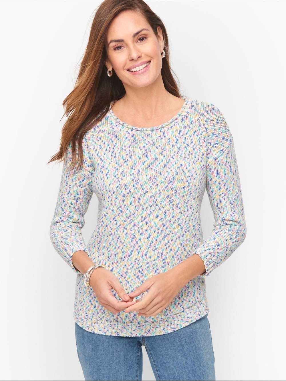 Talbots Womens Open Neck Multicolor Knit Sweater Cotton Blend Size Large Spring